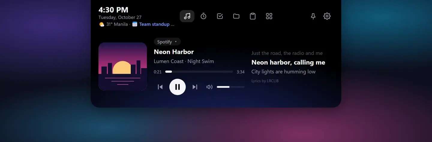 Music tab with album art, controls, volume and synced lyrics