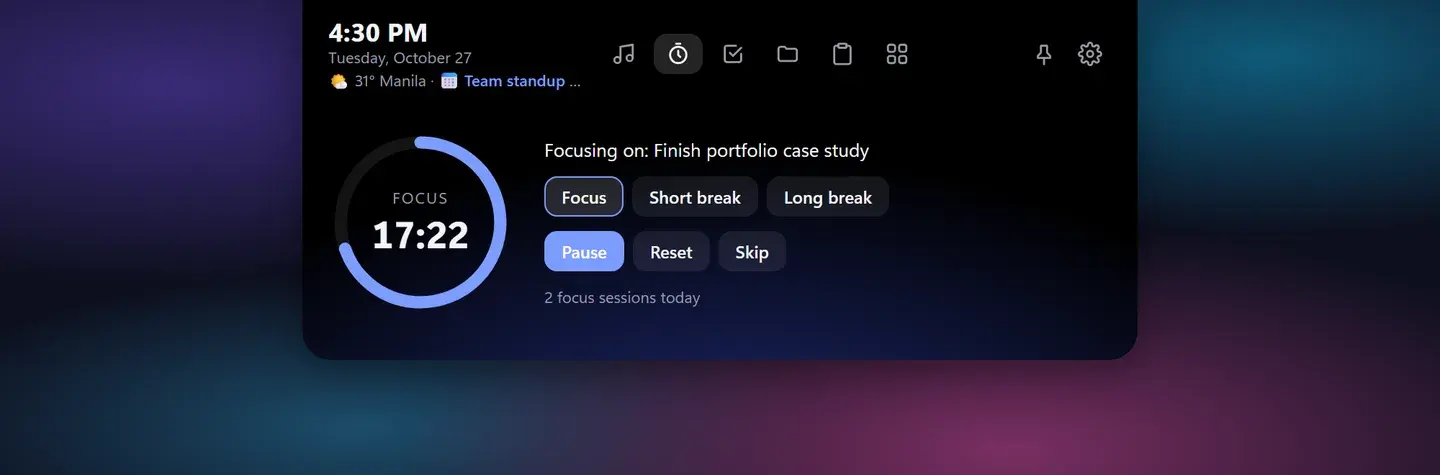 Focus timer with a progress ring and the current task