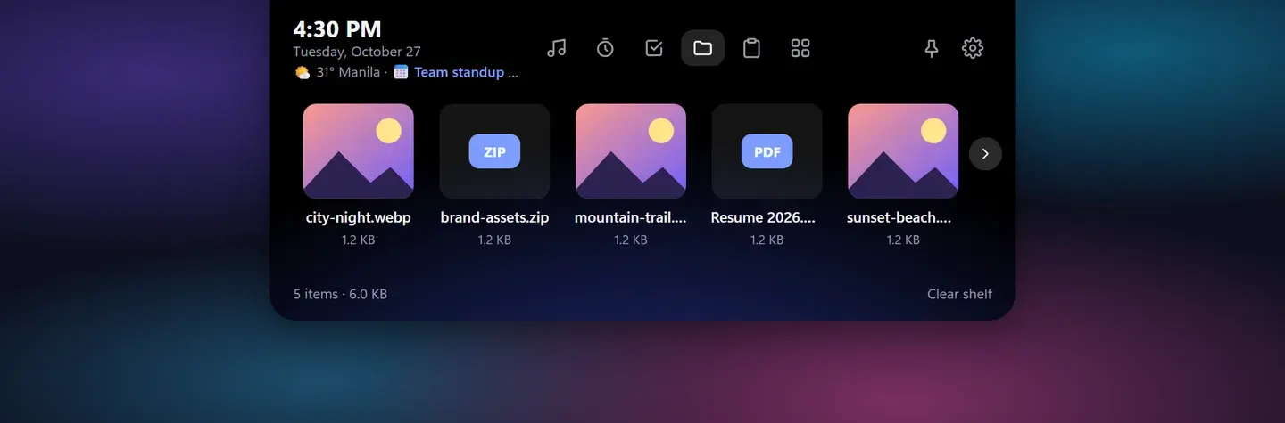 File shelf with image previews and file-type tiles