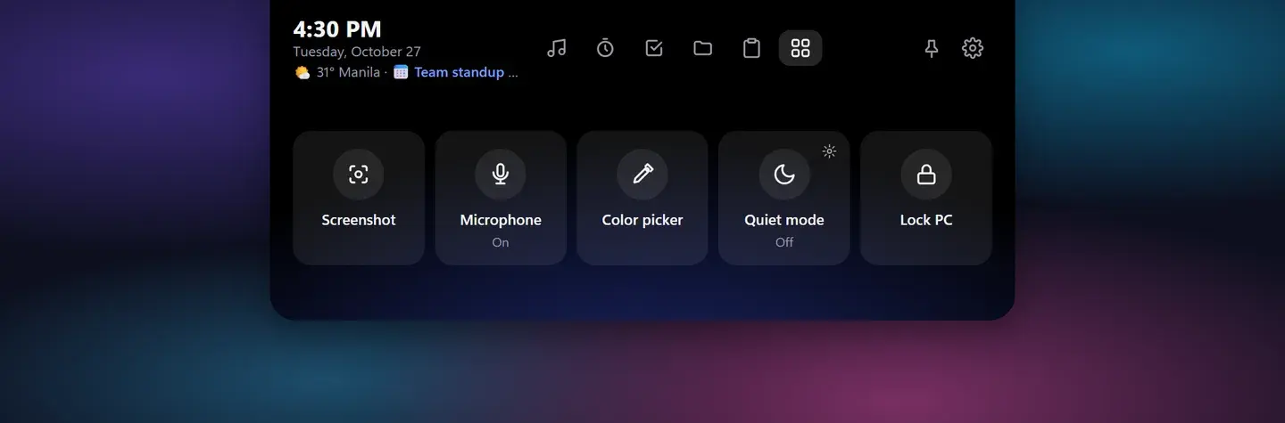 Quick actions: screenshot, microphone, color picker, quiet mode and lock PC