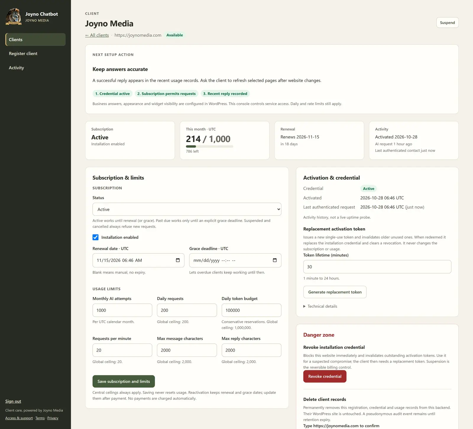 One client's subscription, limits, credential and danger zone
