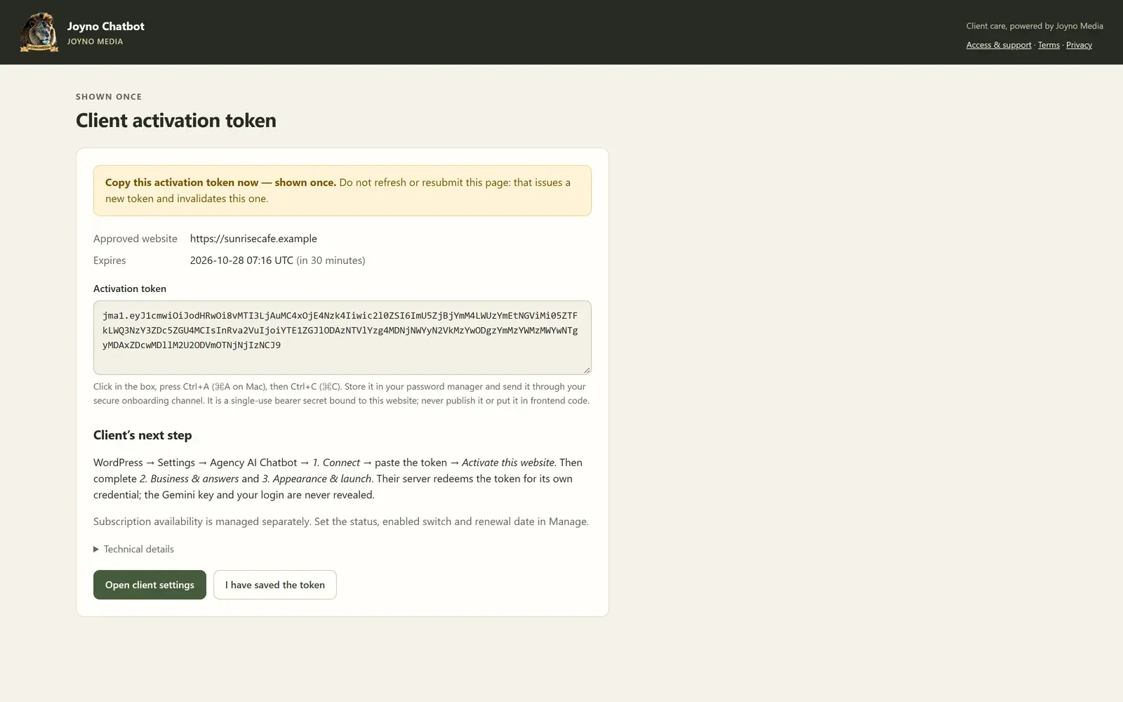 Registering a new client creates a single-use activation token
