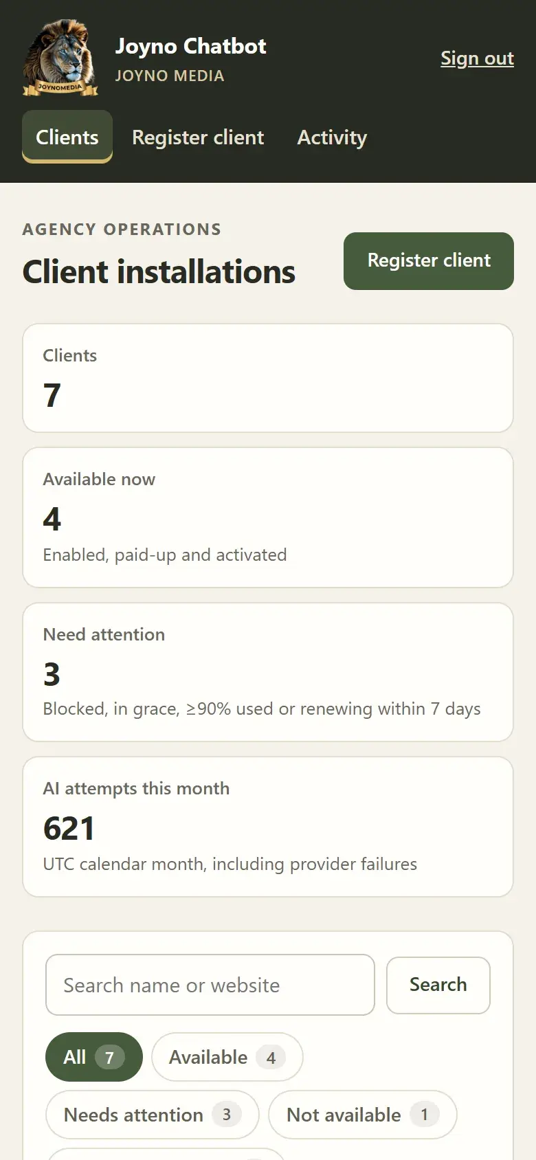 The agency dashboard on a phone