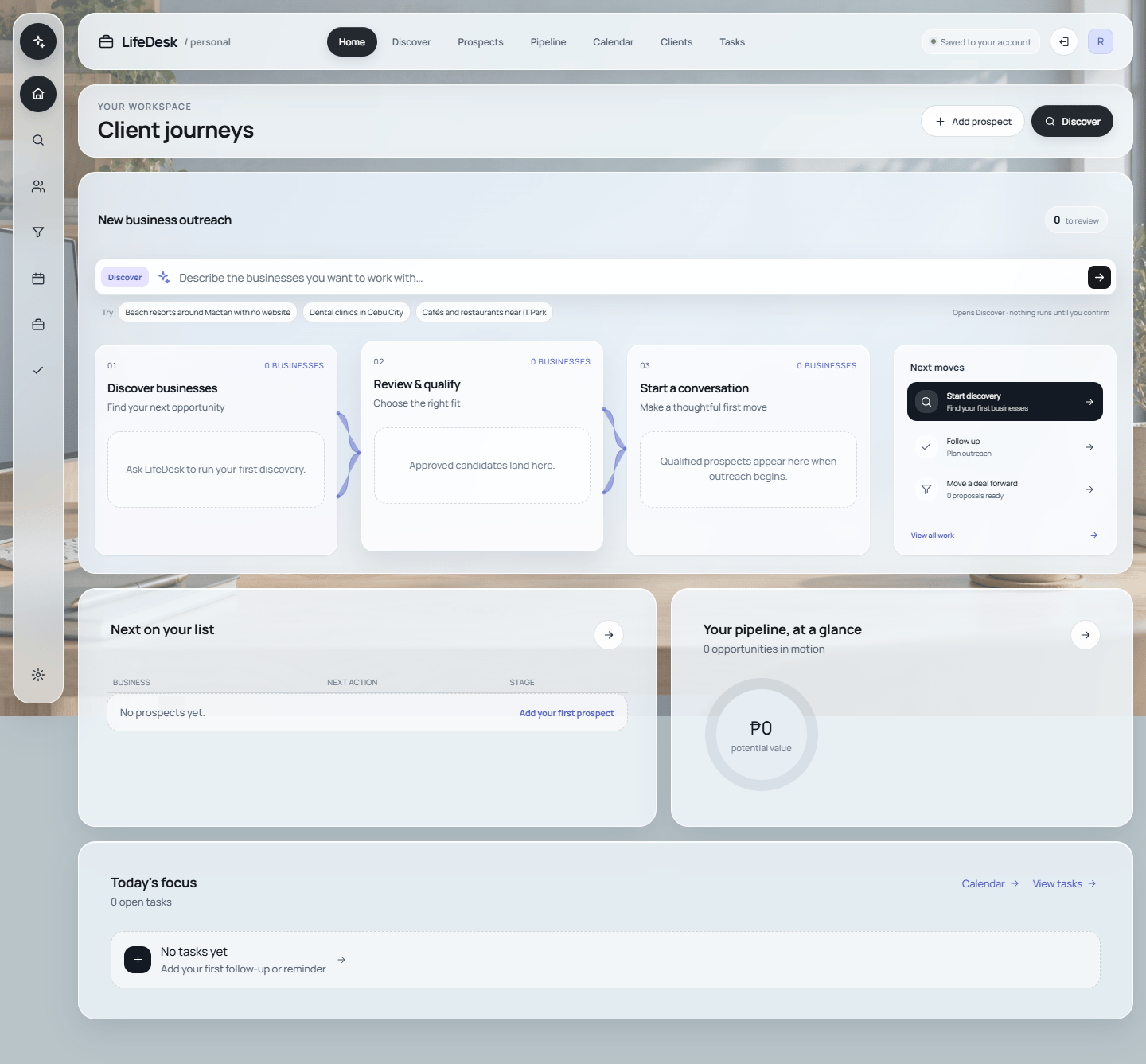 LifeDesk CRM empty-state workspace, with no prospect records