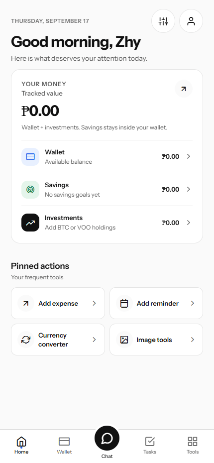 LifeDesk home screen with an empty local wallet and pinned actions