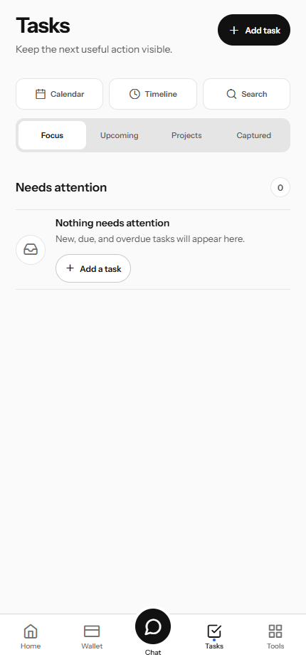 LifeDesk tasks screen with no saved tasks