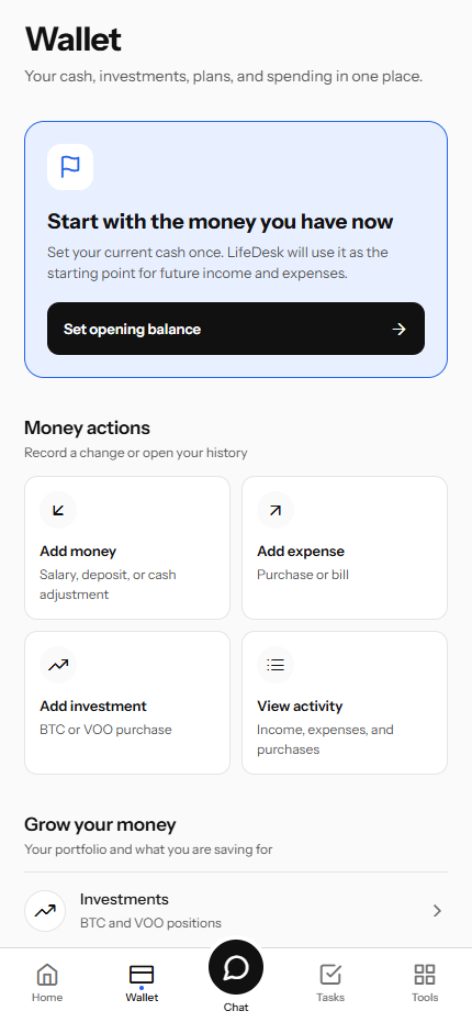 LifeDesk wallet screen with no transactions or investment positions